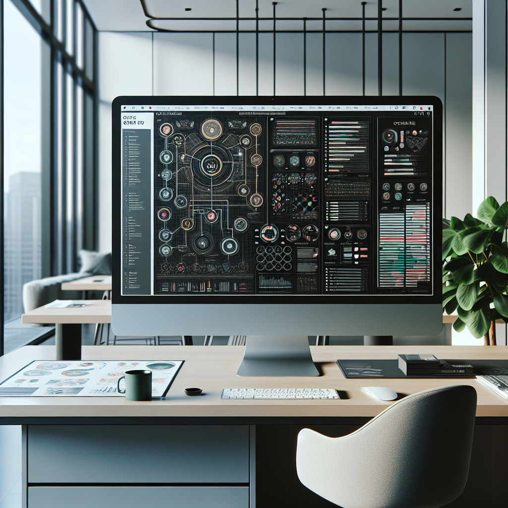 An office scene with a computer showing a Google Sheets social media management template on the screen.