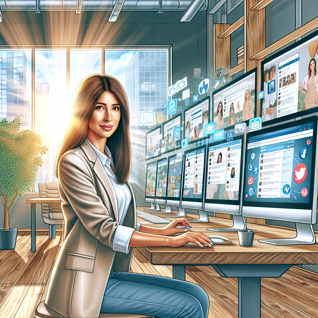 A professional woman managing social media on multiple computer screens in a modern office setting.