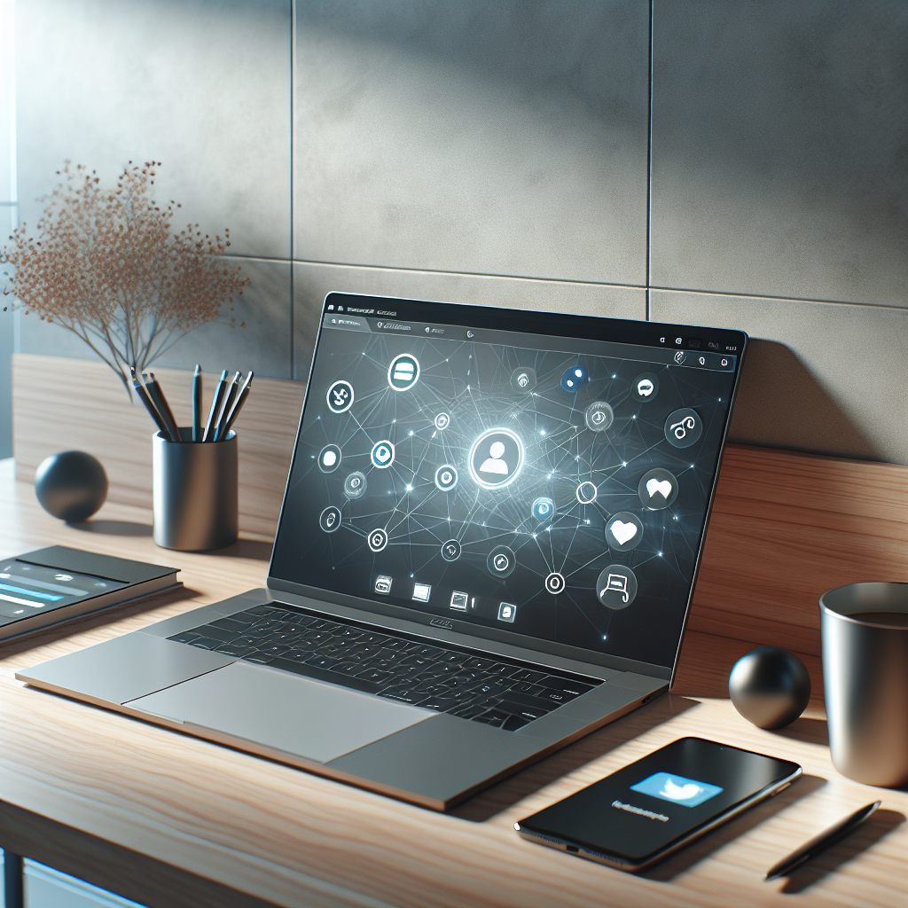 Modern digital workspace for social media management with a laptop displaying social media icons.