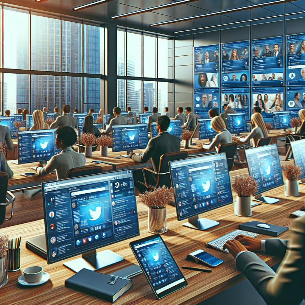 A modern office environment focused on social media management with devices displaying various platforms.
