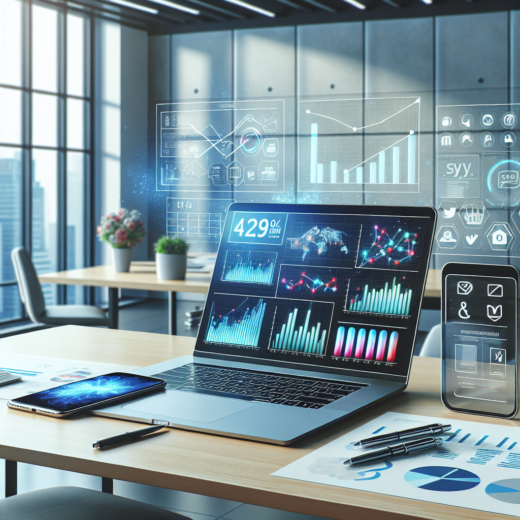 A modern workspace showcasing social media management tools with a laptop and smartphone.