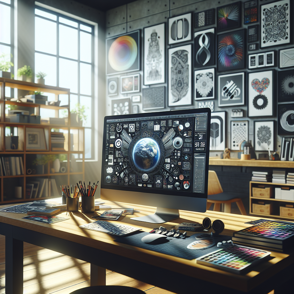 An illustration of a workspace focused on graphic design with a computer, design tools, and natural lighting.