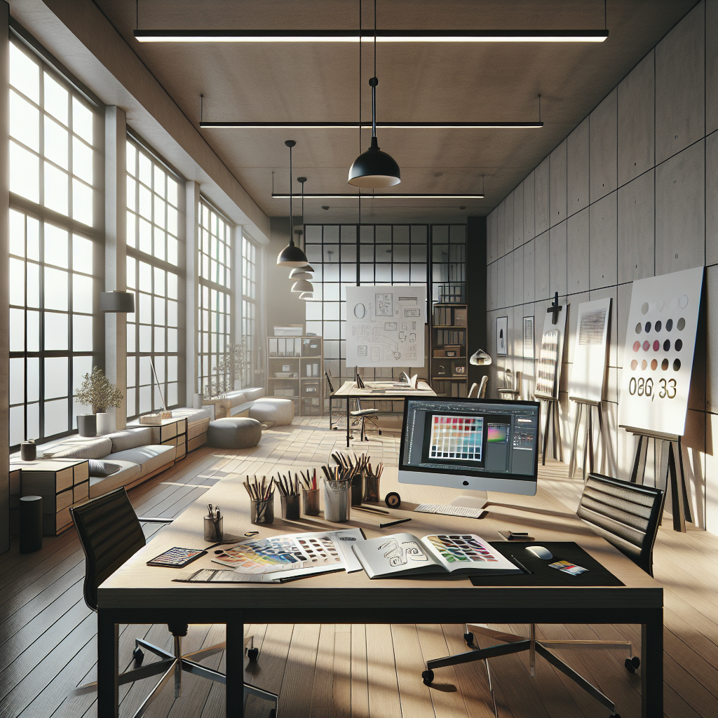 Interior of a modern graphic design studio showing a creative workspace.