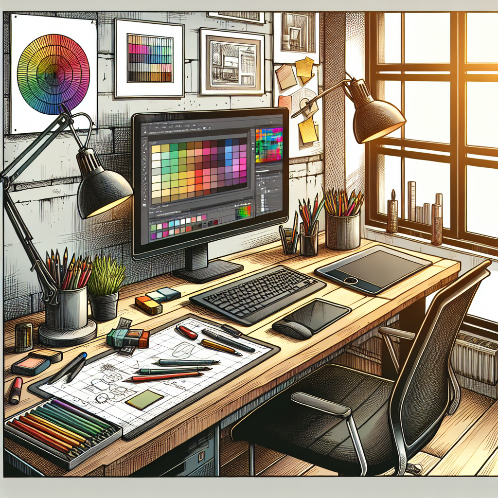 A workspace setup for graphic design, featuring a computer with design tools.