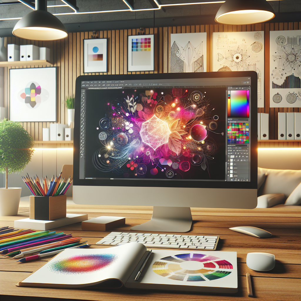 A workspace showcasing graphic design tools and a computer with digital graphics.