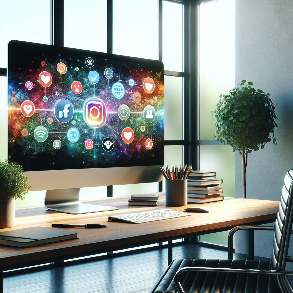 A modern office workspace with a computer displaying social media icons, representing social media management tools.