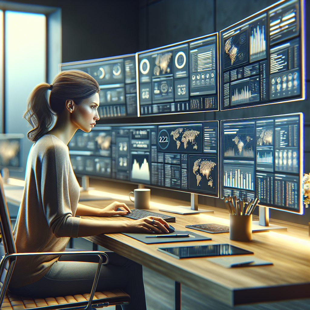 Person managing multiple social media platforms on multiple screens, in a modern office environment.