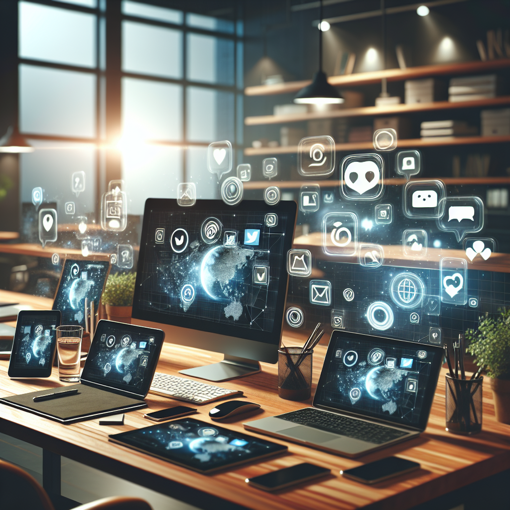 A digital workspace with devices showing social media platforms.