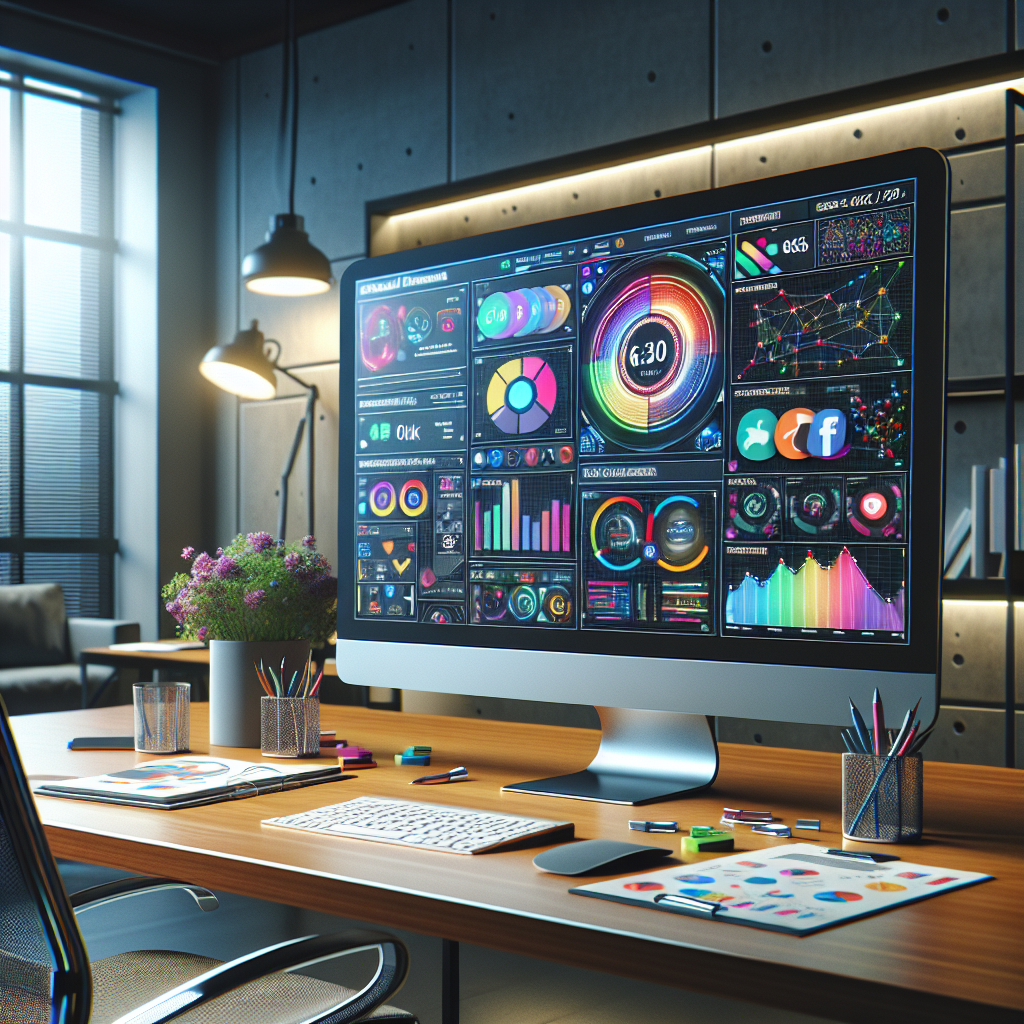 Digital workspace with social media management dashboard and icons.