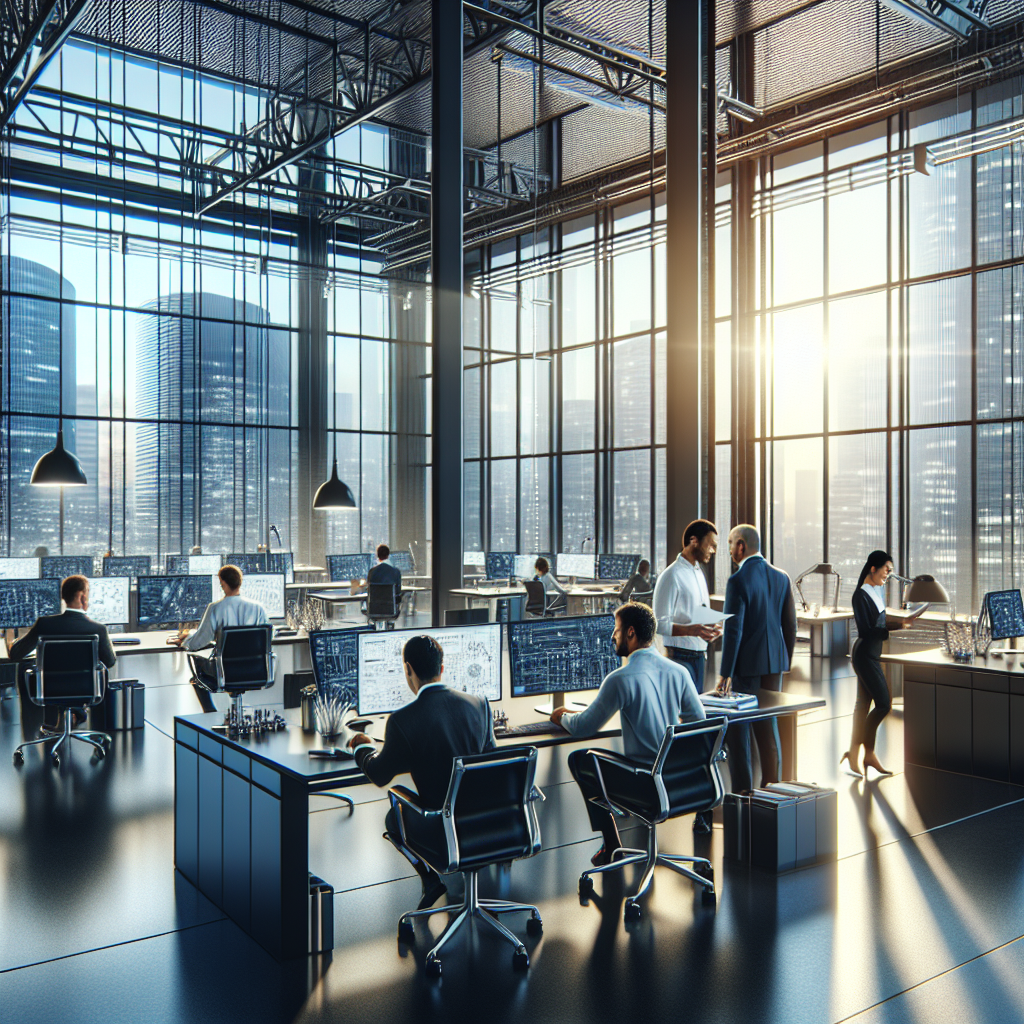 A modern engineering office with a diverse team of engineers collaborating on projects.