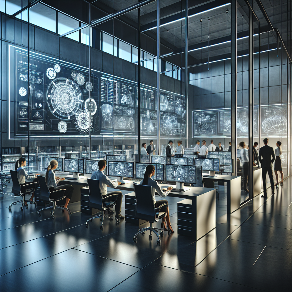 Modern engineering office with diverse engineers collaborating.
