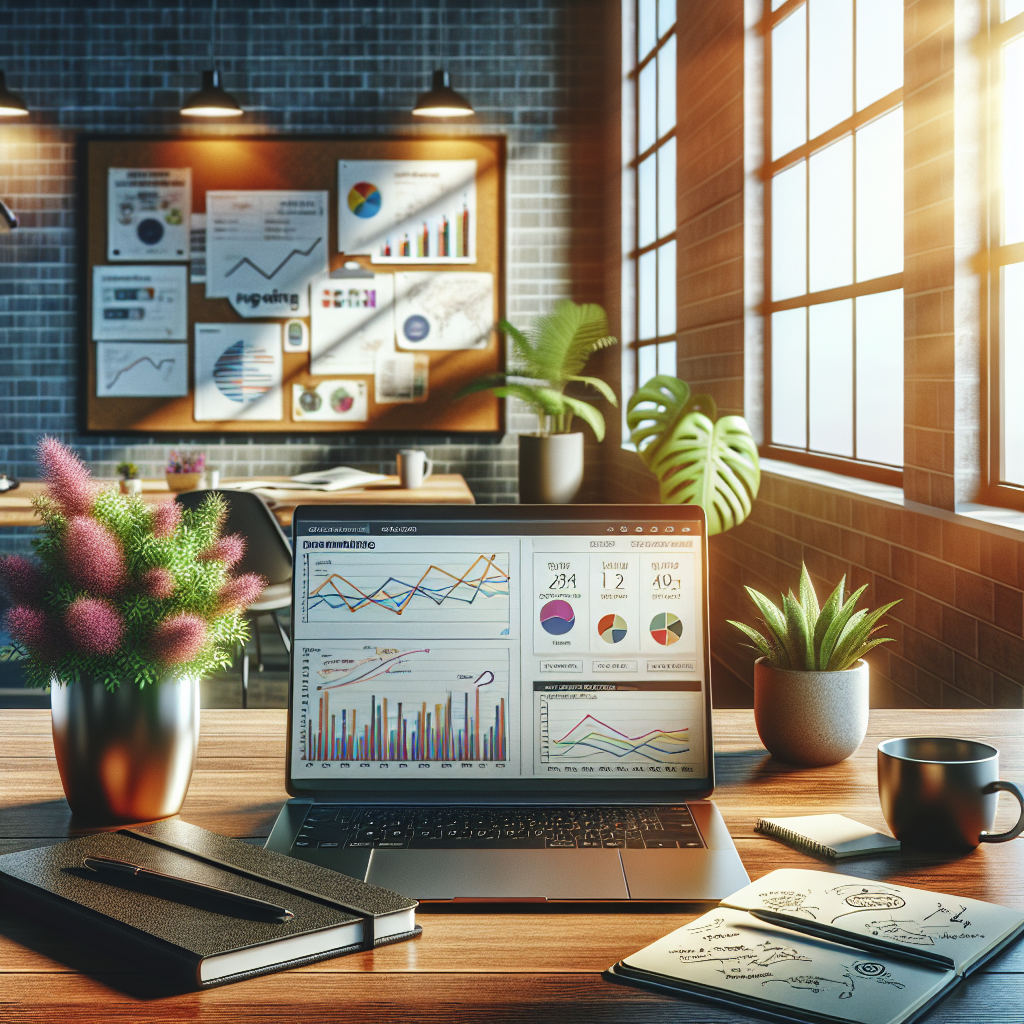 A modern digital marketing workspace with a laptop, notebook, plant, and coffee cup.
