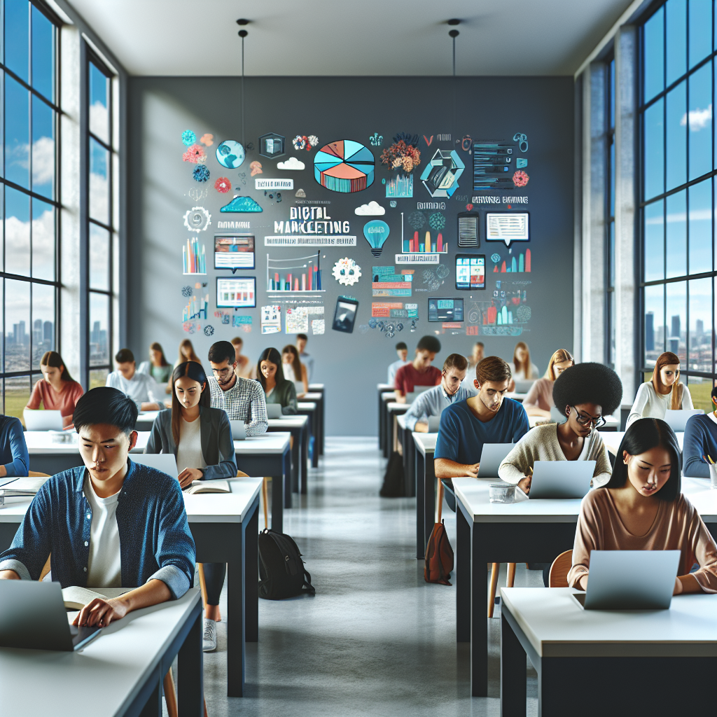 A modern classroom scene with diverse students learning digital marketing.