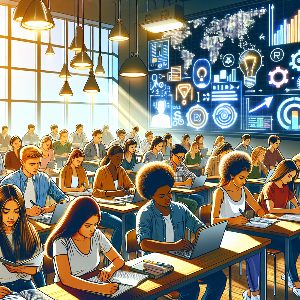 A vibrant and modern classroom scene with diverse students learning about digital marketing.
