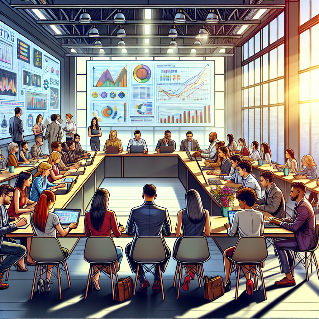 Diverse students gathered around a table in a digital marketing classroom discussing strategies.