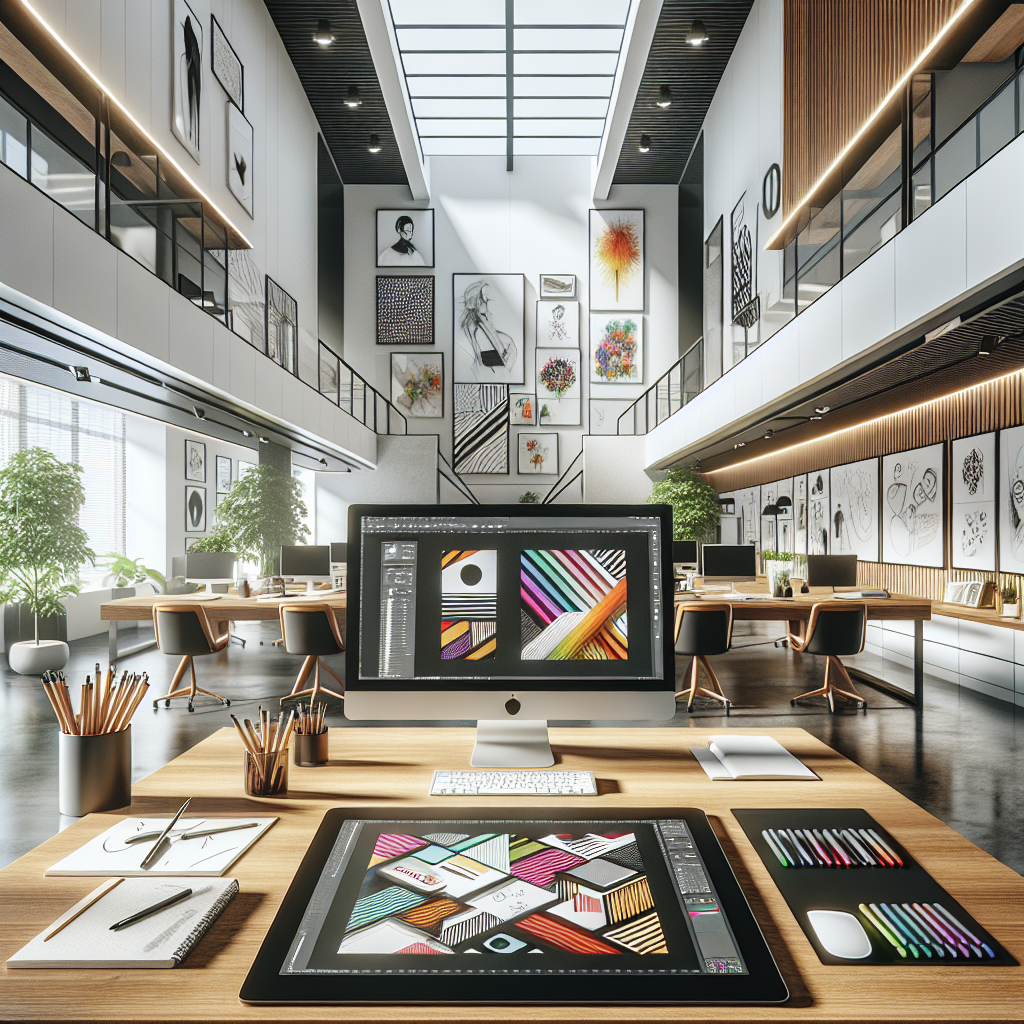 A modern graphic design workstation in a minimalist office.