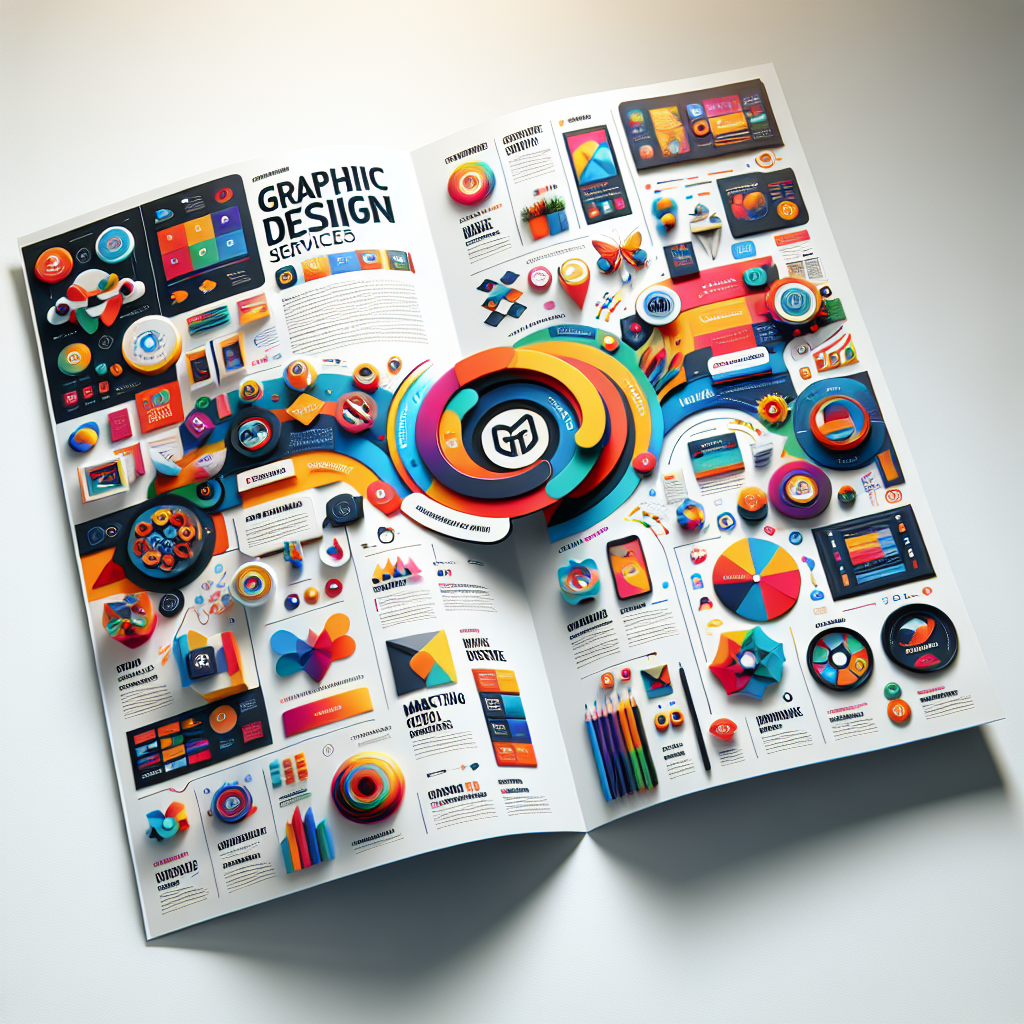 An open graphic design services brochure showcasing various design elements.