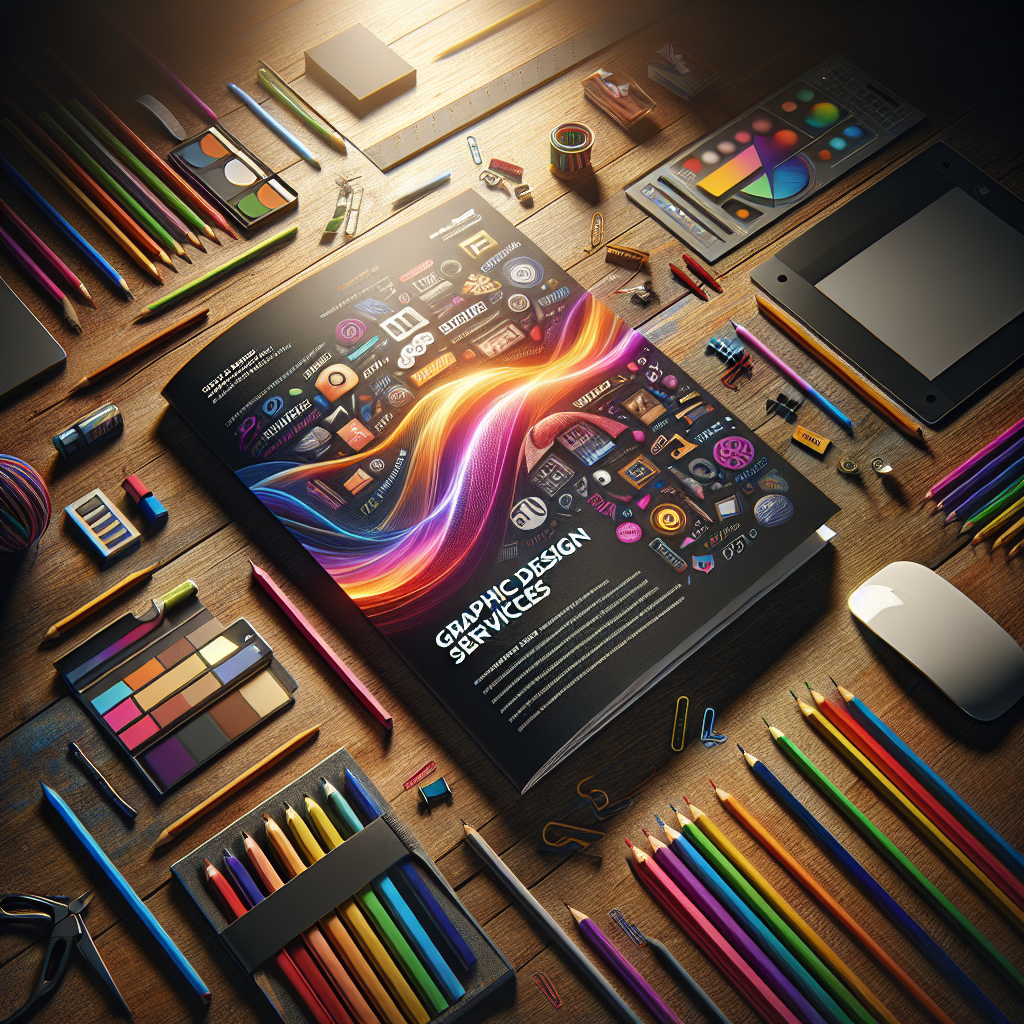 A graphic design services brochure displayed on a wooden desk with creative tools.