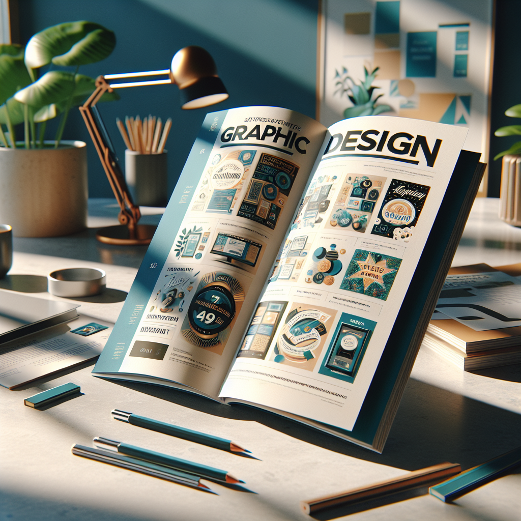A graphic design services brochure open on a stylish desk.