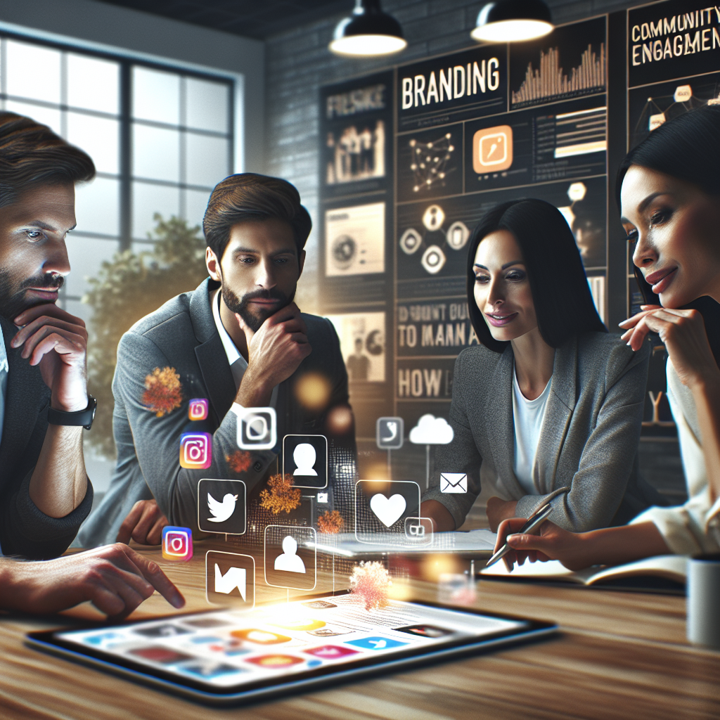 Professionals discussing social media management strategy in a modern office.