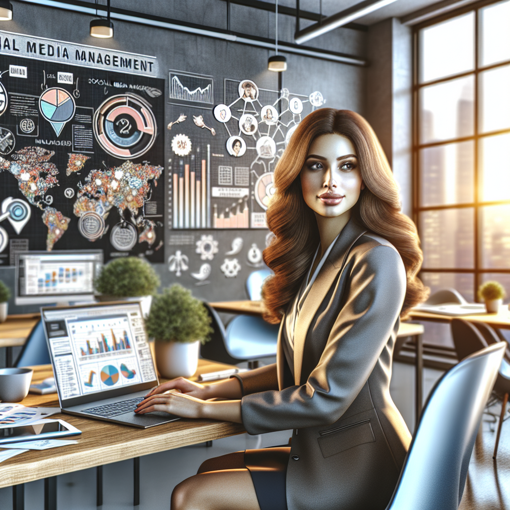 A young woman managing social media in a modern office with colorful charts and social media icons.