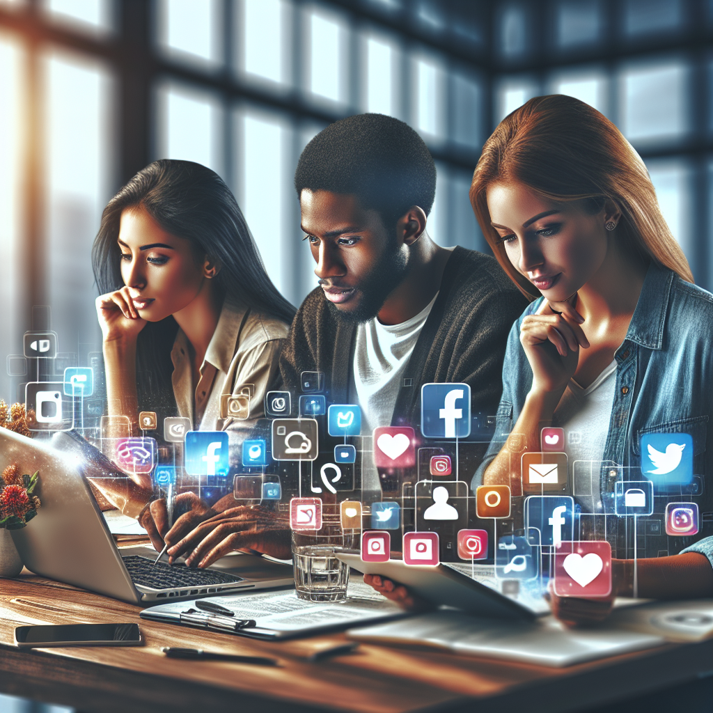 A group of three people engaged in social media management activities in a modern office.