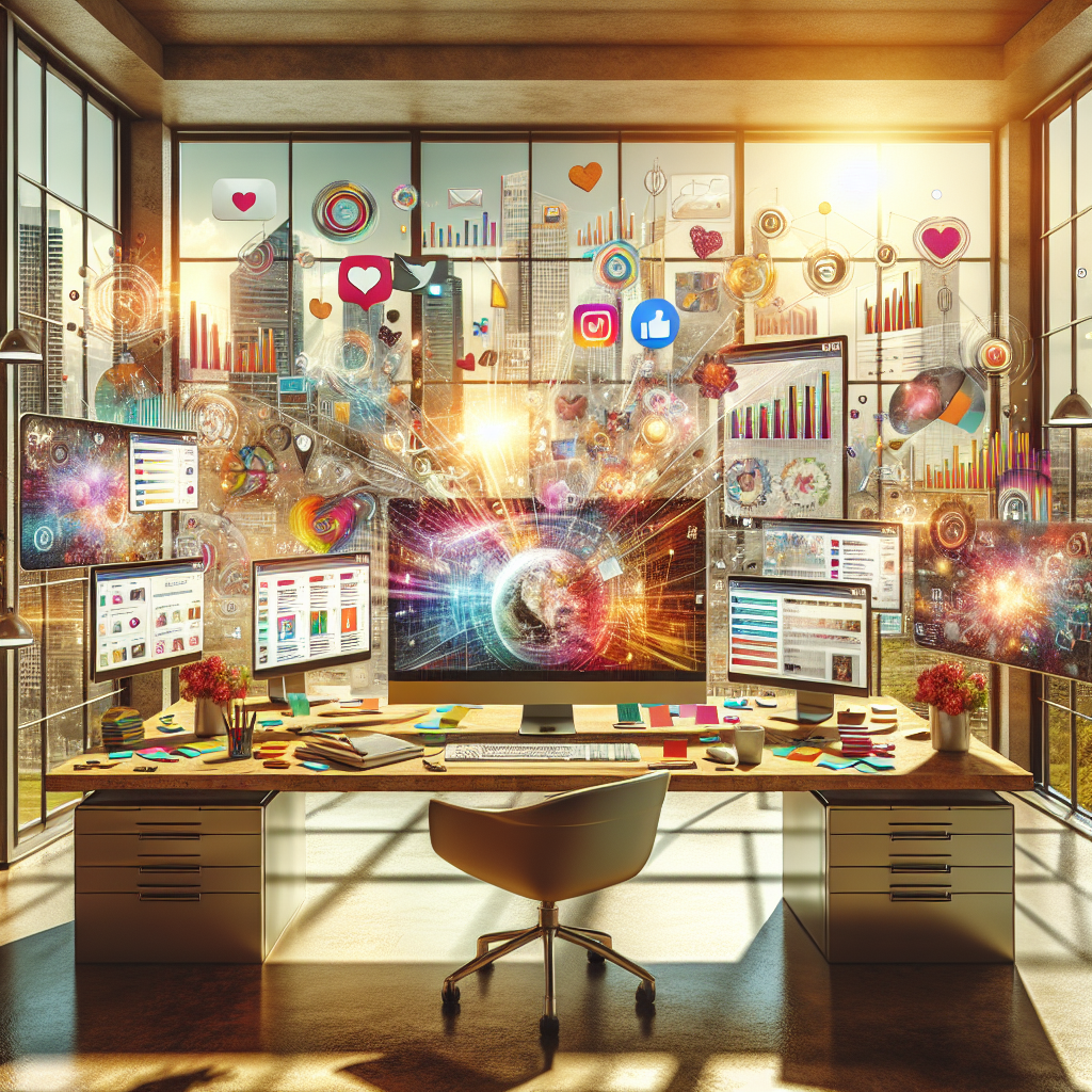 A digital workspace illustrating social media management with computer screens and a cityscape.