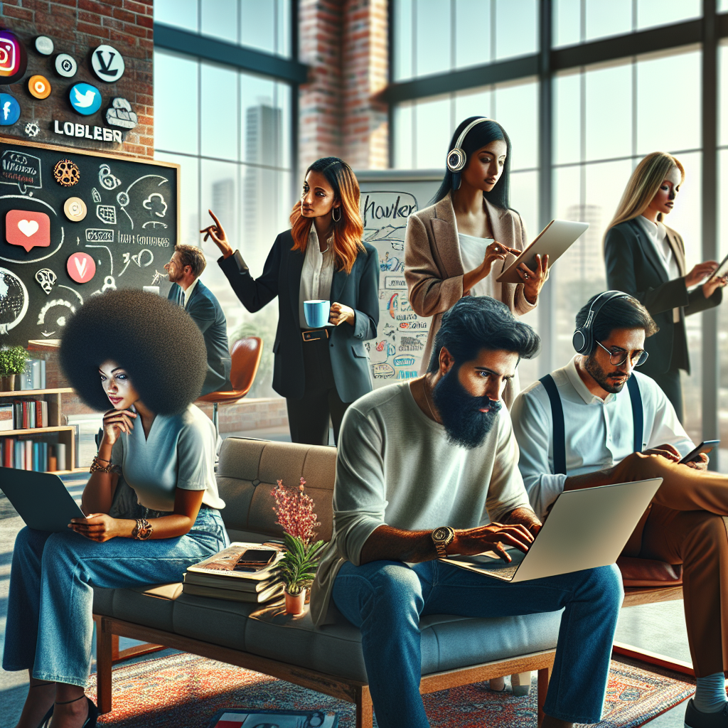 A diverse group of social media managers collaborating in a modern office.