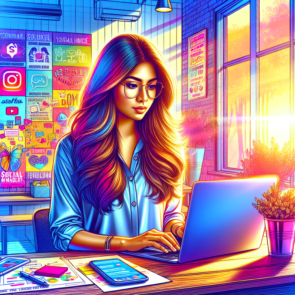 A social media manager working at a modern office desk.