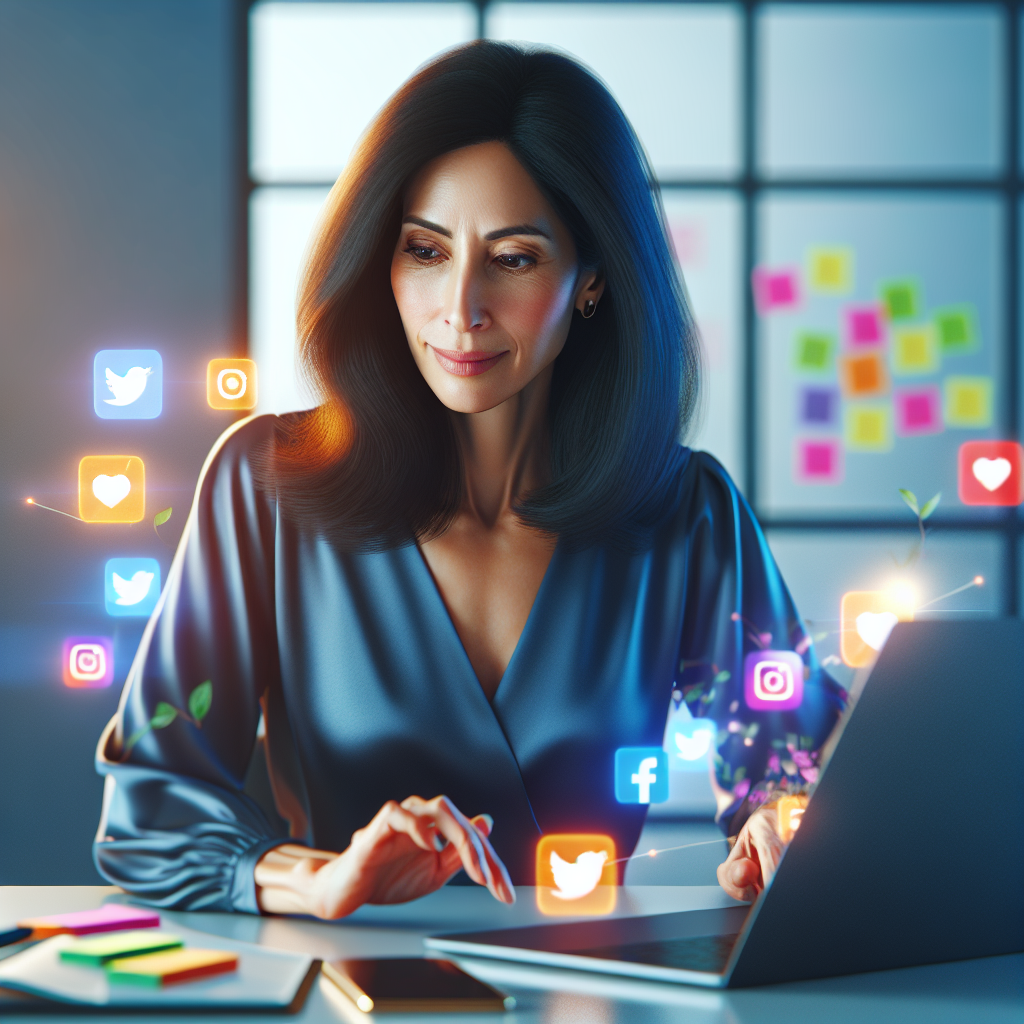A social media manager working at a desk with digital devices and social media icons.