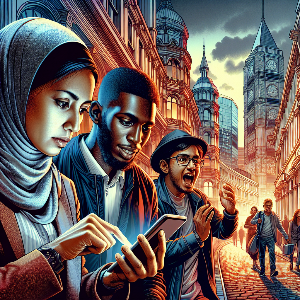 A busy city street during a crisis with diverse people looking concerned.