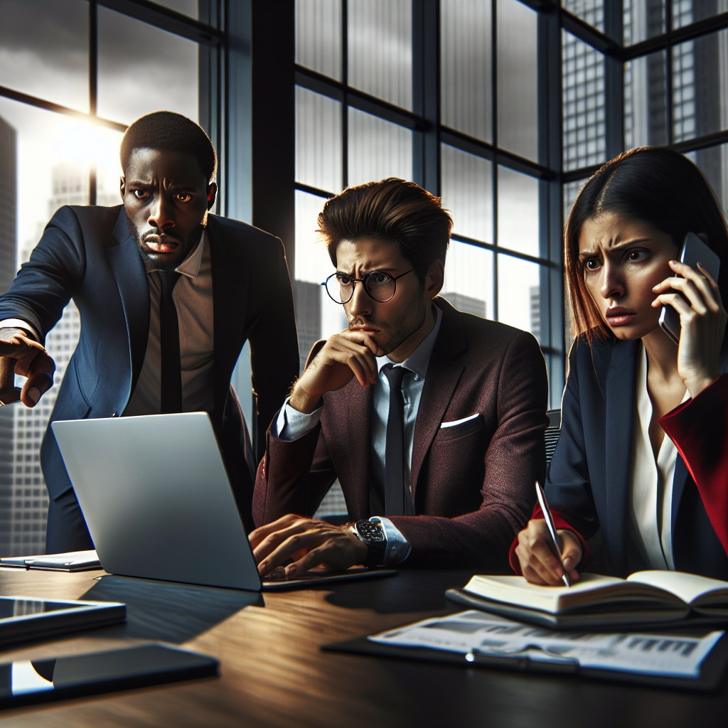 A diverse team of professionals in a modern office discussing crisis management.