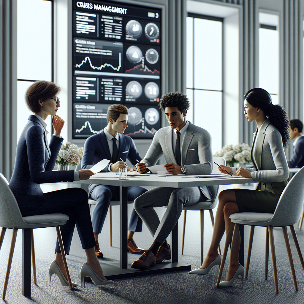 A crisis management meeting in a modern office.