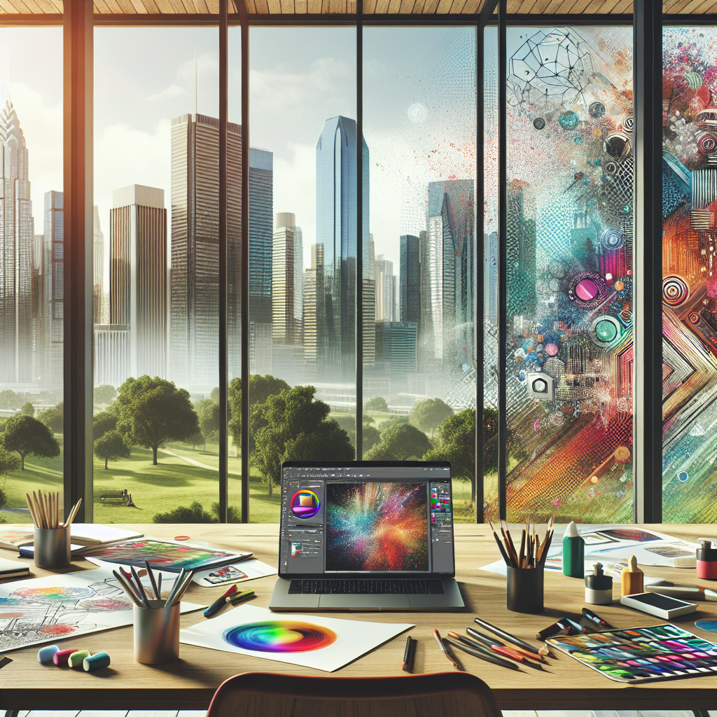 A colorful graphic design workspace in New York with a large window view of the city.