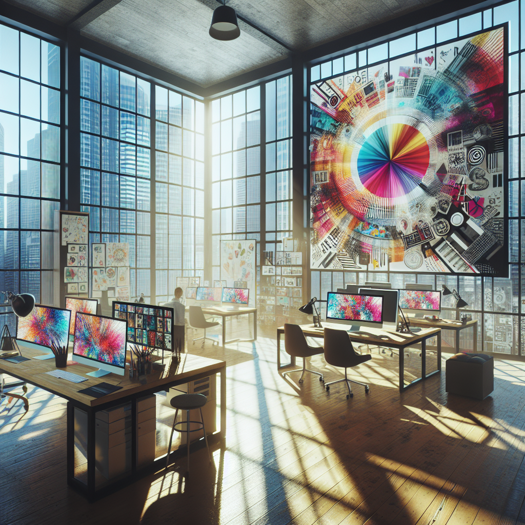 A graphic design studio with a modern workstation and colorful design elements.