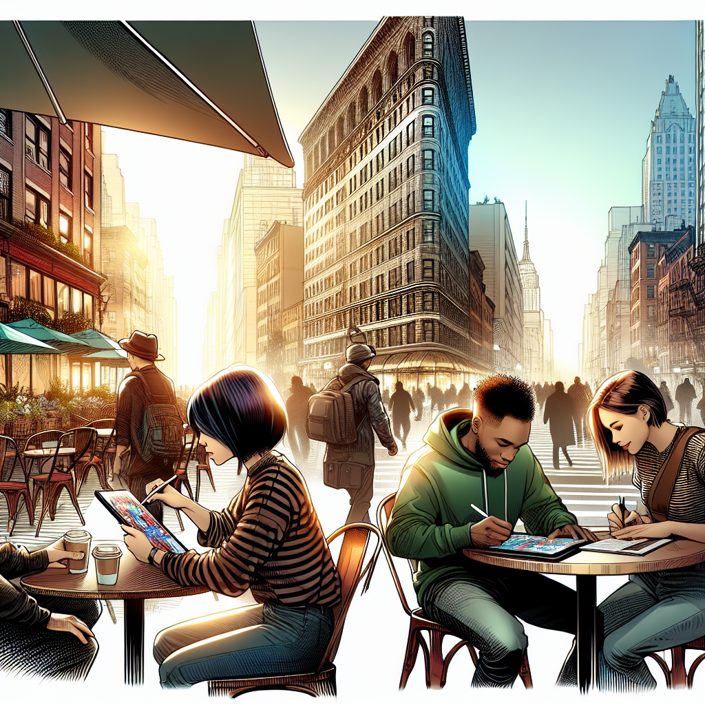 A bustling New York street scene featuring graphic designers working at a café.