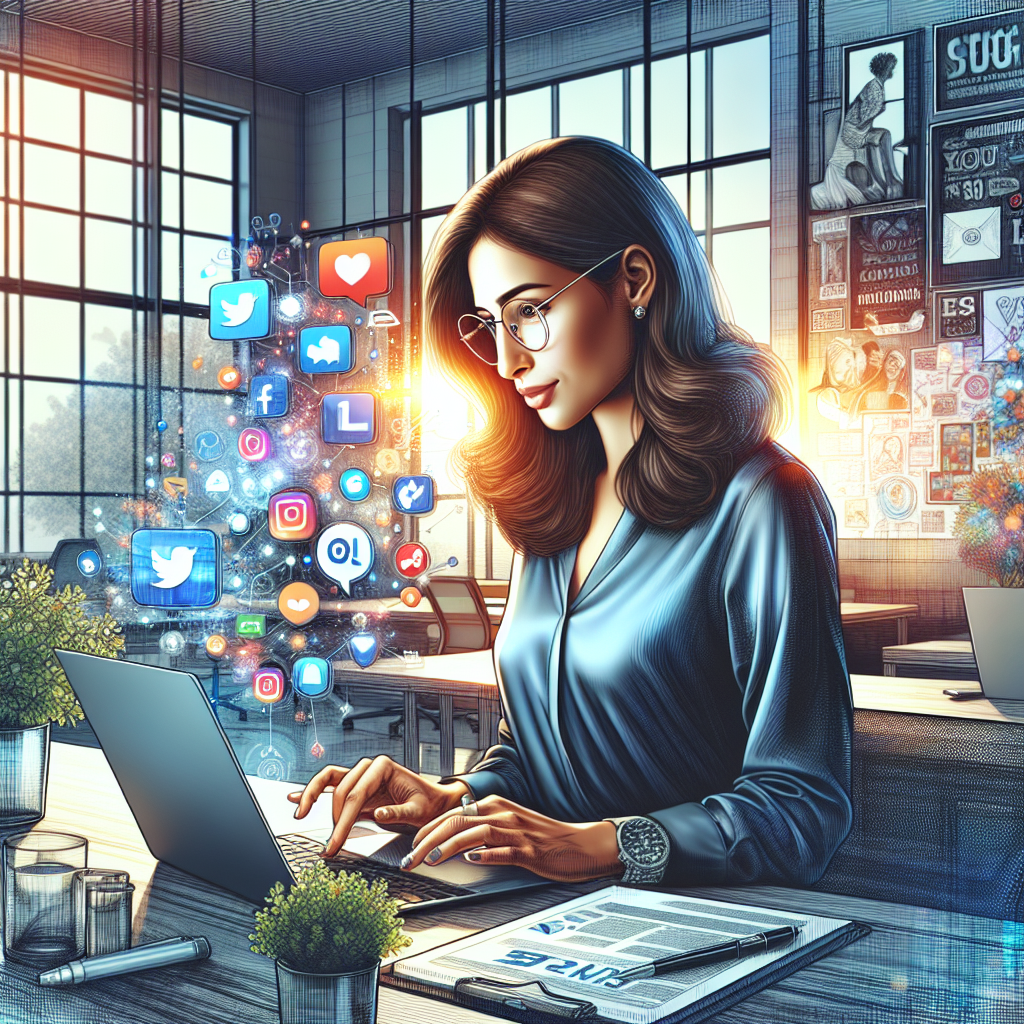 A social media manager working in an office, engaging with digital social media platforms.
