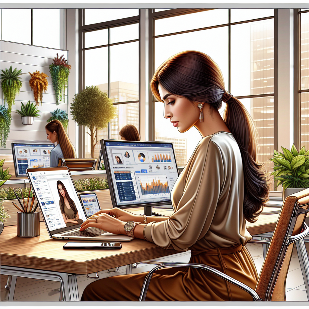 A social media manager working in a modern office, focused on her laptop with social media analytics displayed on screens.