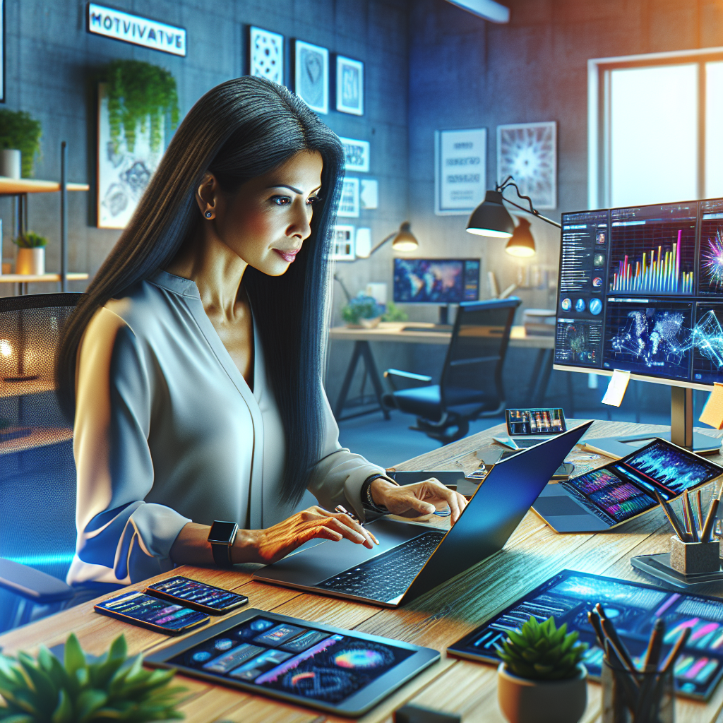 A social media manager working in an office, focused on a laptop with social media analytics.