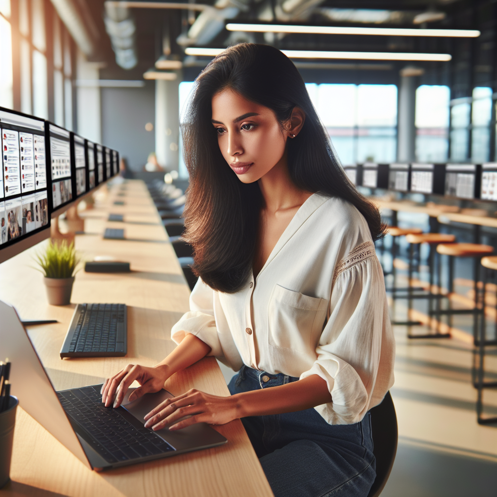 A social media manager working at a modern office with multiple computer screens.