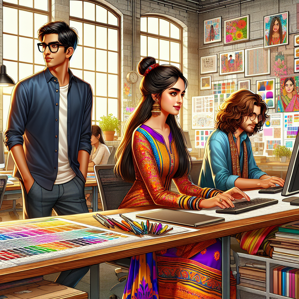 A graphic design studio in Bilaspur with three professionals working.
