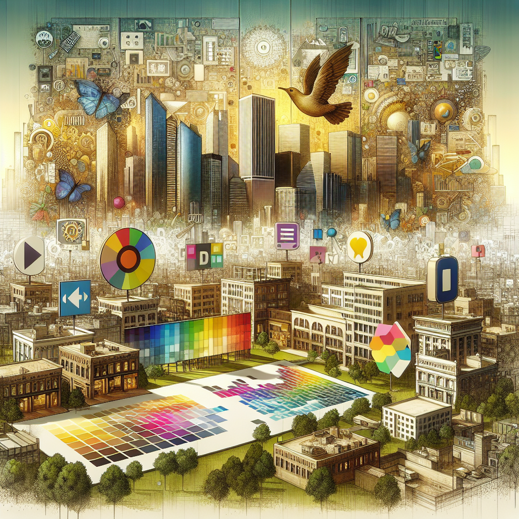 An illustration of graphic design services in Bilaspur, depicting a city backdrop with logos and marketing materials.