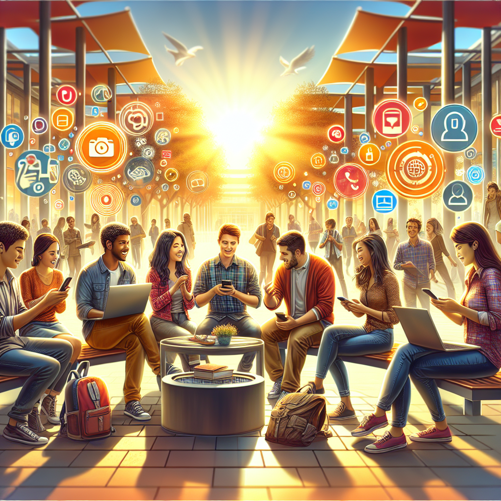 A diverse group of university students engaging in social media activities on campus.
