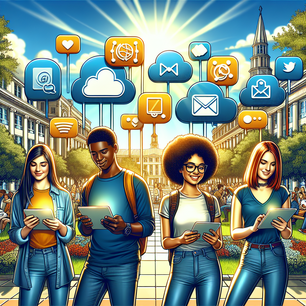 A group of diverse young adults engaging with social media devices in a university setting.