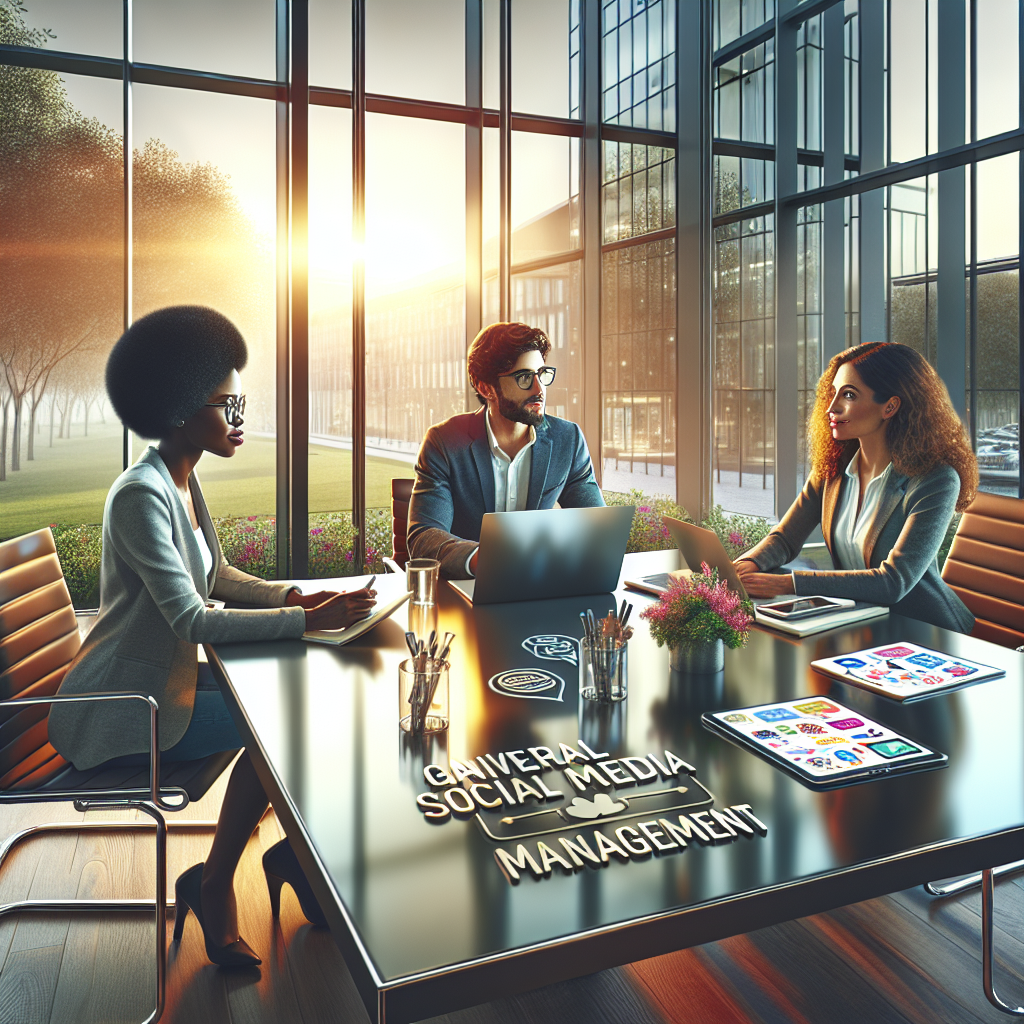 Professionals in a conference room discussing social media management strategies.