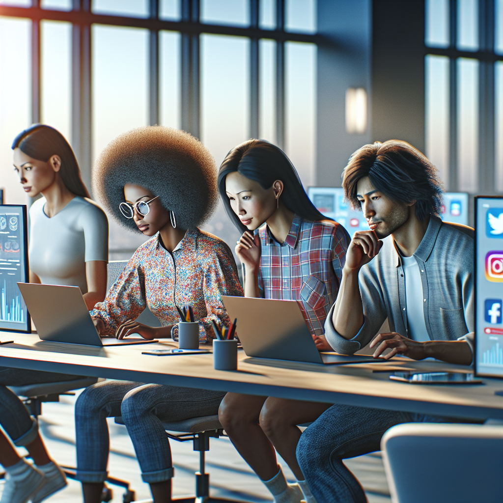 A diverse group of social media managers collaborating in a modern office.