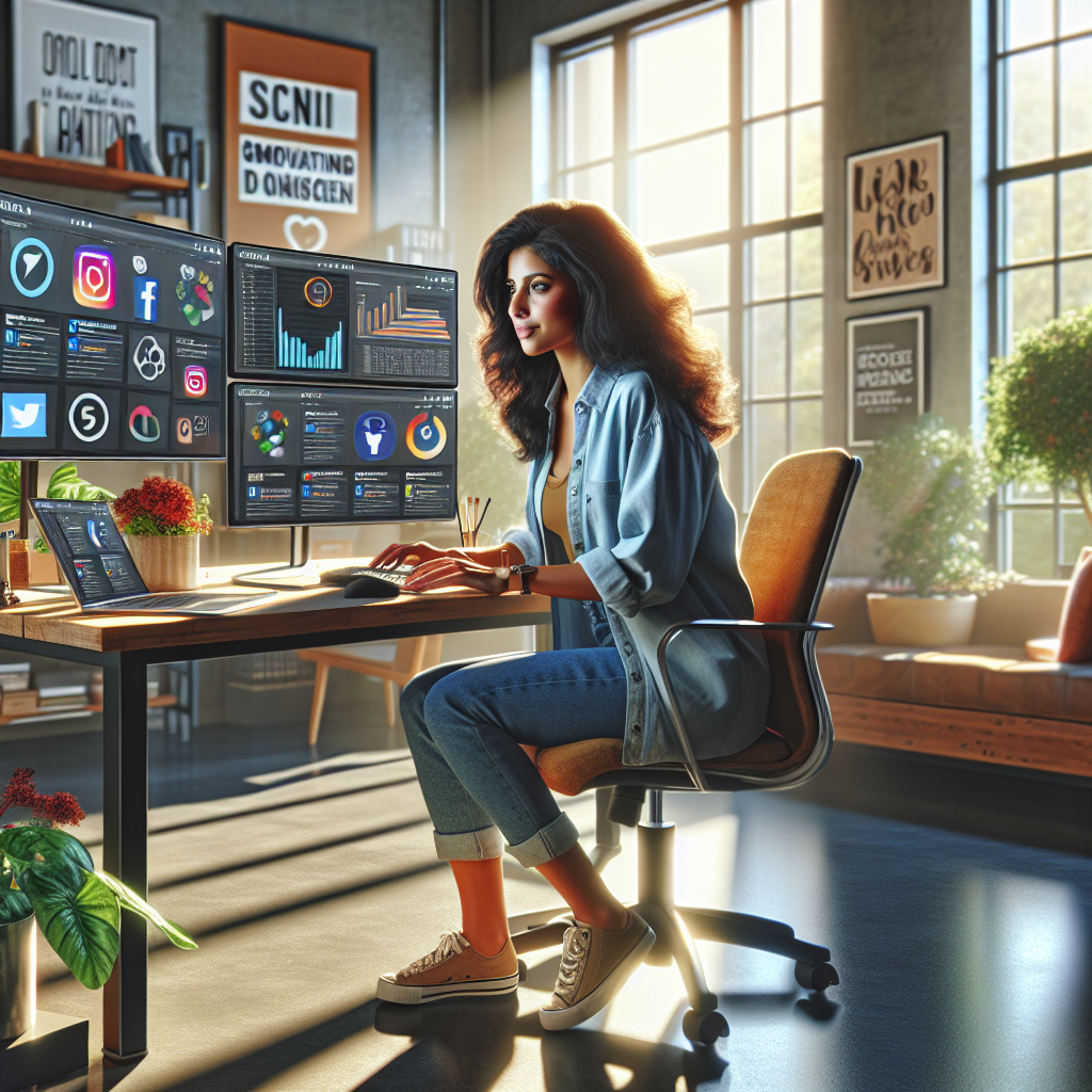 A Social Media Manager working in a modern office surrounded by vibrant decor and technology.