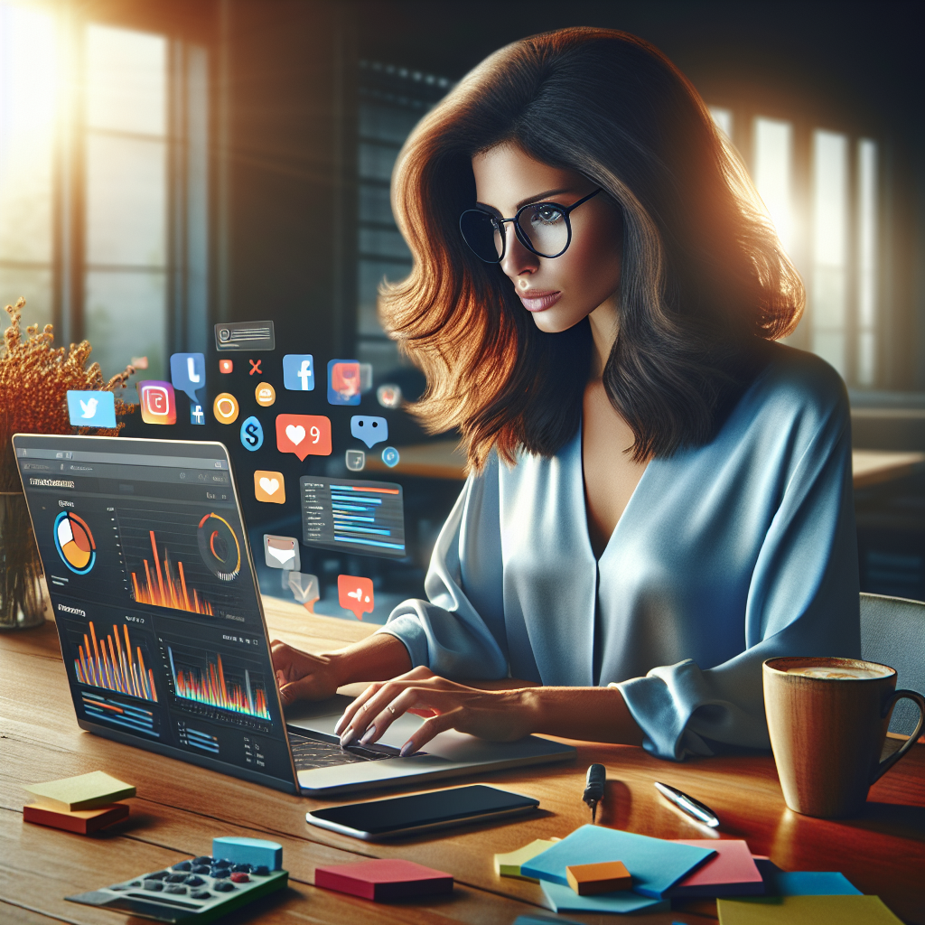 A Social Media Manager working at a modern desk with a laptop and colorful office supplies.