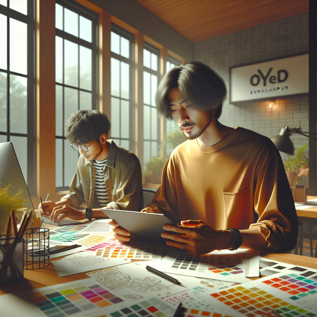 A modern graphic design studio in Burhanpur with a designer at work, surrounded by colorful design materials.