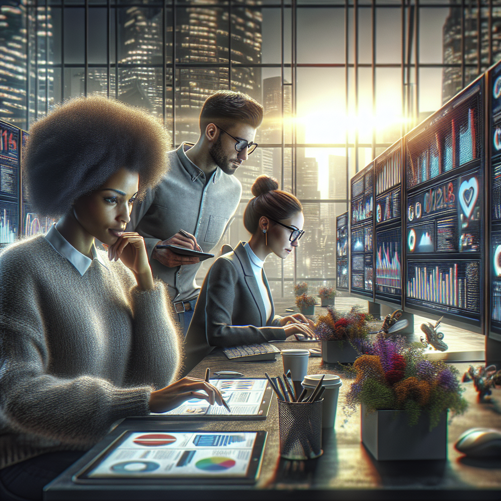 A diverse group of three professionals collaborating in a social media control center in Kalamazoo.